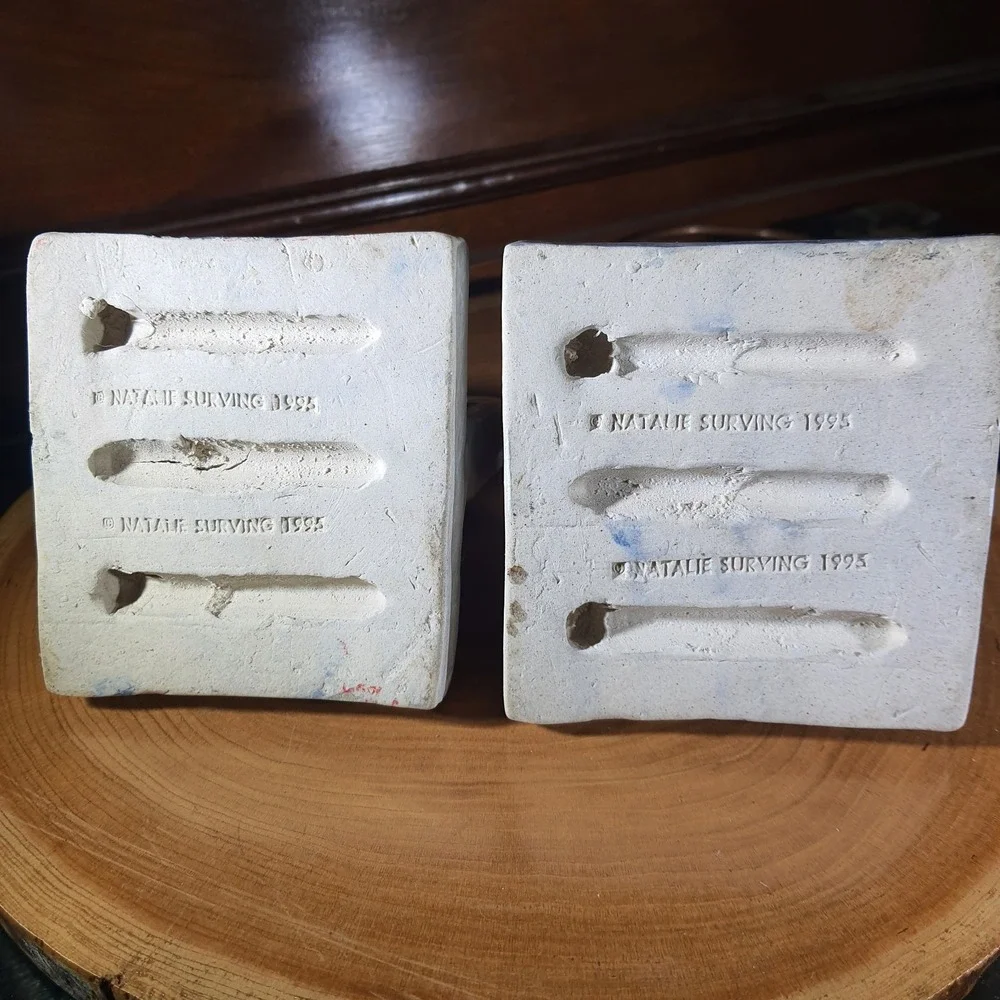 Vintage 1995 Natalie Surving Art Pottery Bookends Towel Rack Frog & Butterfly